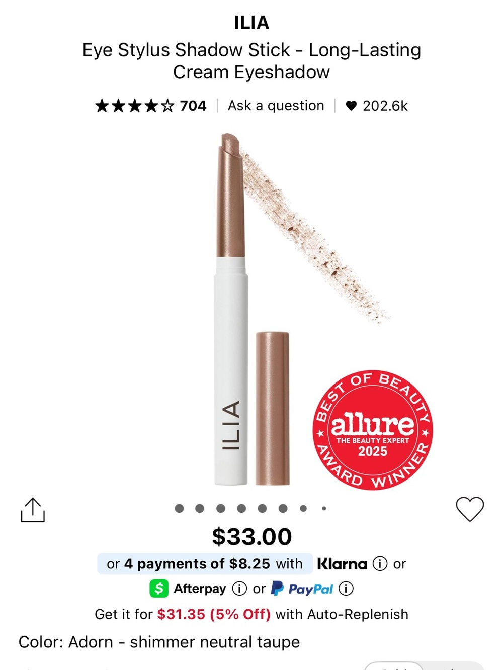 ILIA Eye Stylus Shadow Stick — Adorn Shimmer Taupe